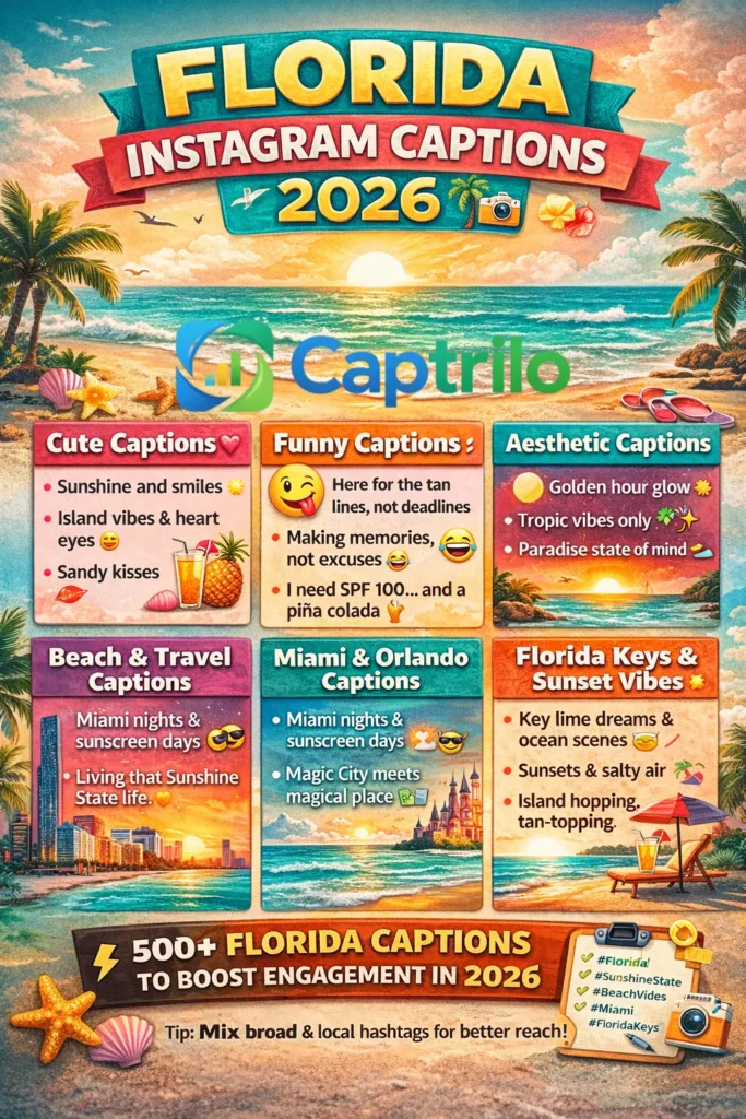 “Colorful infographic showcasing 500+ Florida Instagram captions for 2026, including cute, funny, aesthetic, romantic, beach, travel, and location-specific captions for Miami, Orlando, Florida Keys, Tampa Bay, Daytona Beach, and St. Augustine, with hashtag tips for European travelers.”