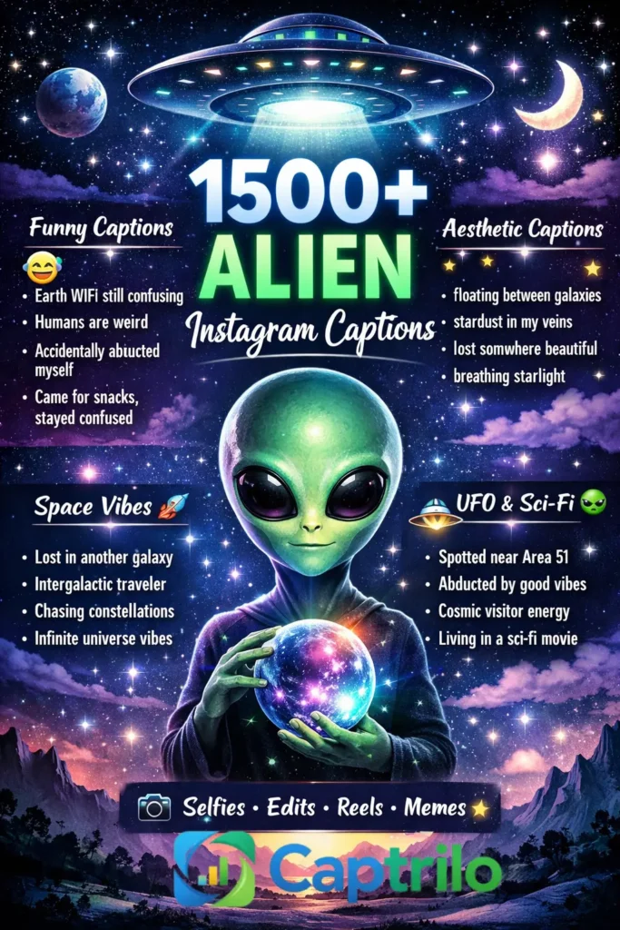  Alien Instagram captions aesthetic infographic showing cosmic, funny, and aesthetic alien caption ideas for Instagram posts, reels, and selfies in 2026.