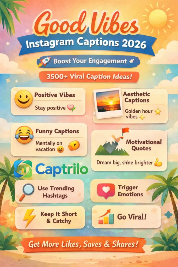 Good Vibes Instagram Captions 2026 aesthetic social media growth concept with positive, motivational, and viral caption ideas for Instagram posts and reels