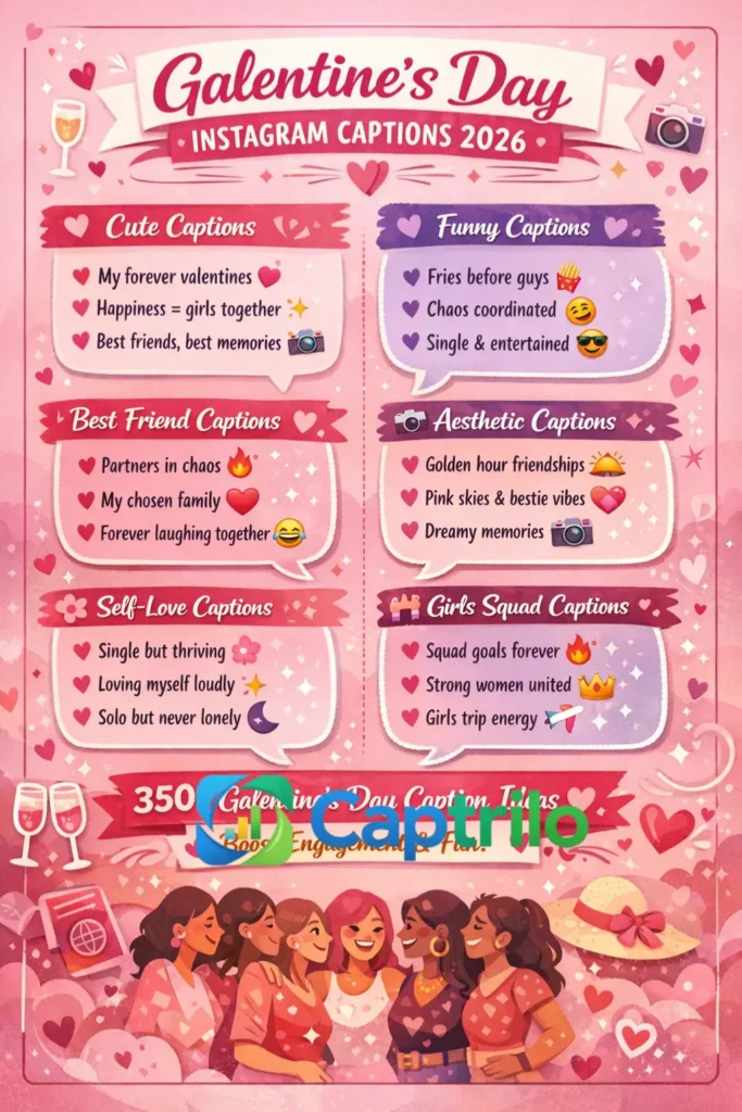  Galentine’s Day Instagram captions 2026 infographic featuring cute, funny, aesthetic, best friend, self-love, and girls squad caption ideas for social media creators.