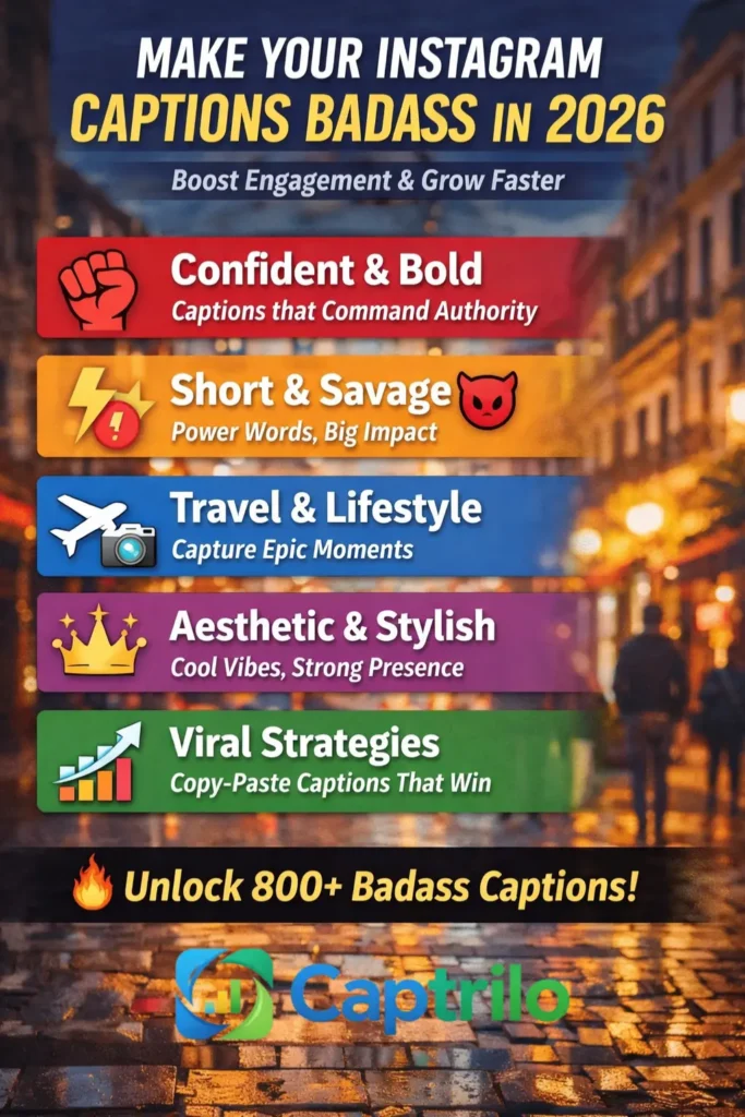 Badass Instagram captions guide showing confident, savage, aesthetic, and viral caption ideas for reels, selfies, travel posts, and personal branding in 2026.