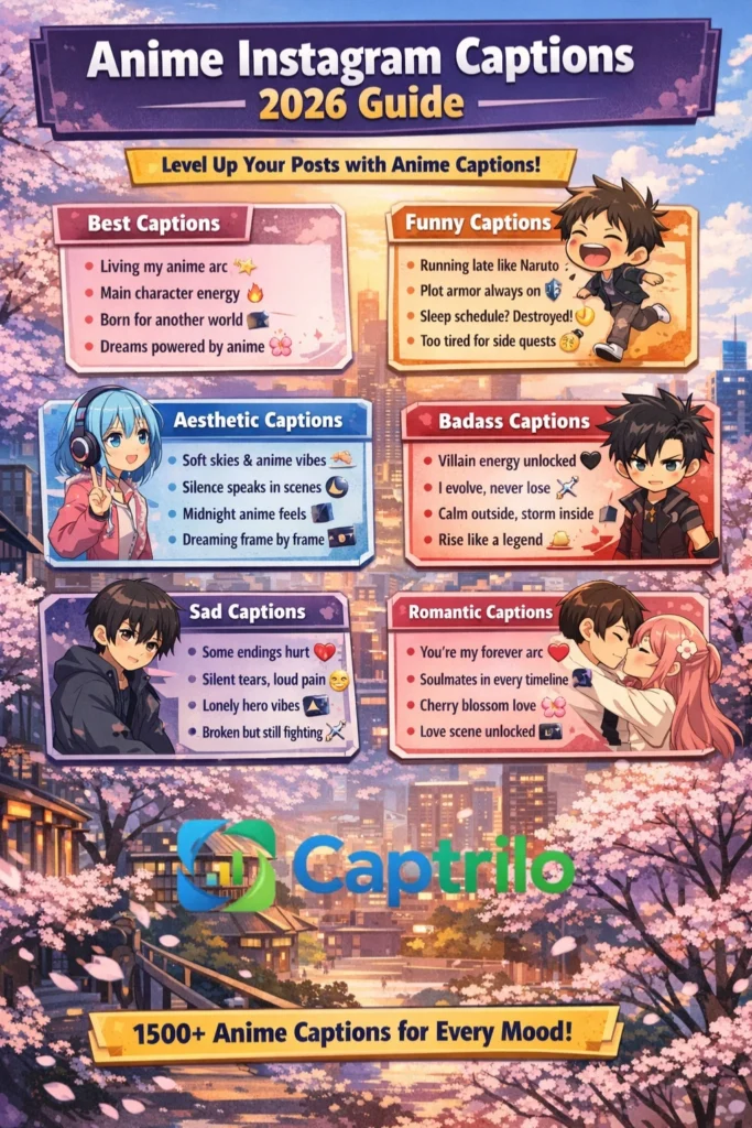 “Infographic showing 1500+ anime Instagram captions, including funny, aesthetic, romantic, sad, and edit captions for 2026 social media posts.”
