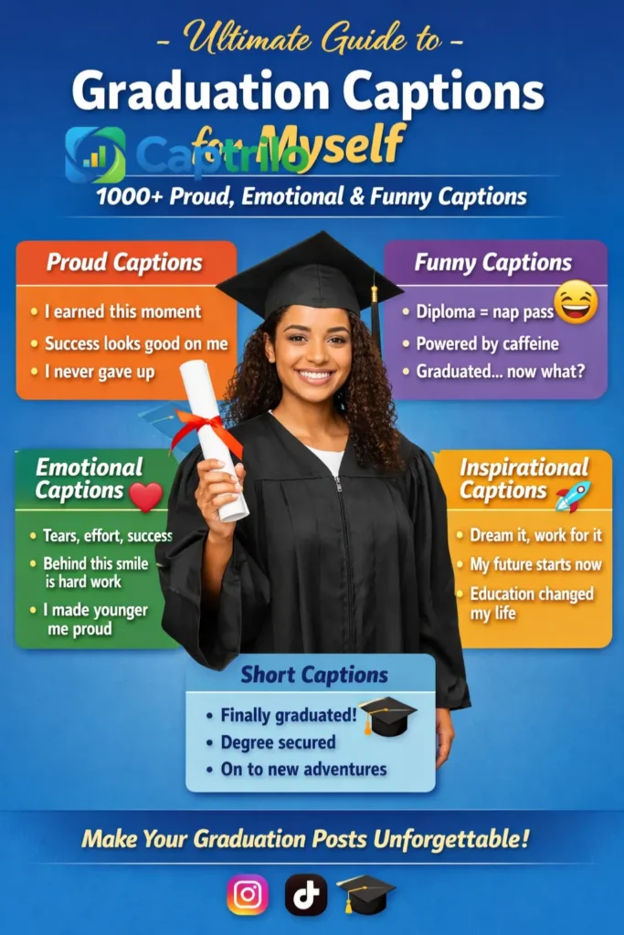  Graduation student celebrating achievement in cap and gown, holding diploma, representing proud graduation success and Instagram graduation caption inspiration 2026.