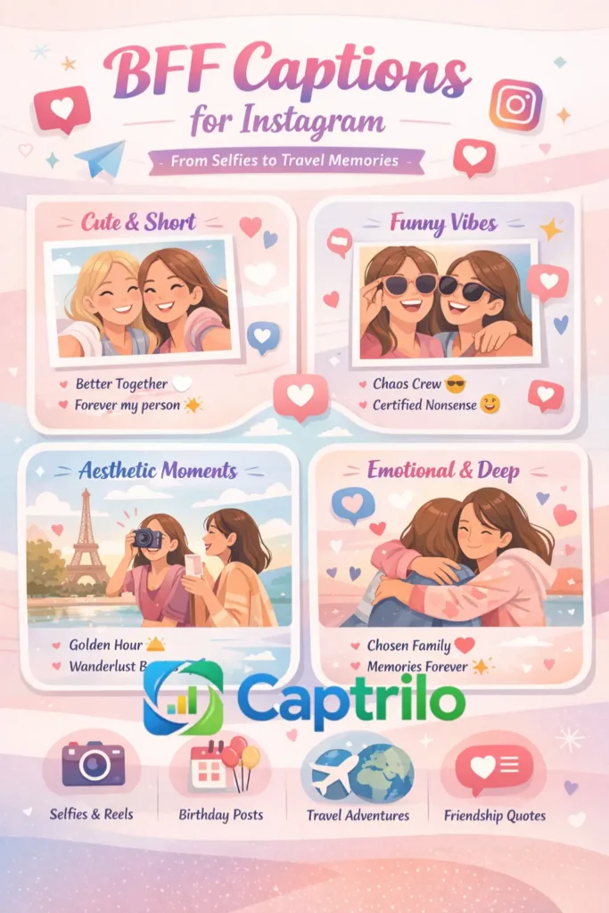 BFF captions for Instagram infographic showing cute, funny, aesthetic, and best friend caption ideas for selfies, reels, birthdays, and friendship posts.