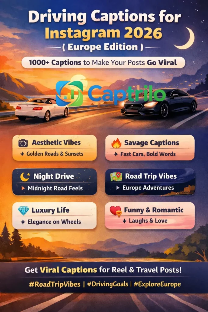Aesthetic driving captions for Instagram 2026 featuring Europe road trip, night drive, luxury car, and scenic highway visuals for viral social media content and travel engagement.
