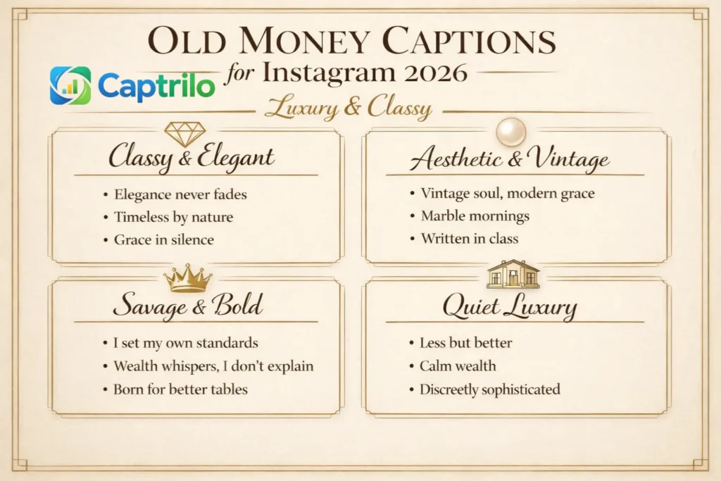 Old Money Instagram captions aesthetic collection featuring luxury, classy, and elegant minimalist lifestyle quotes inspired by quiet luxury and timeless aristocratic style 2026