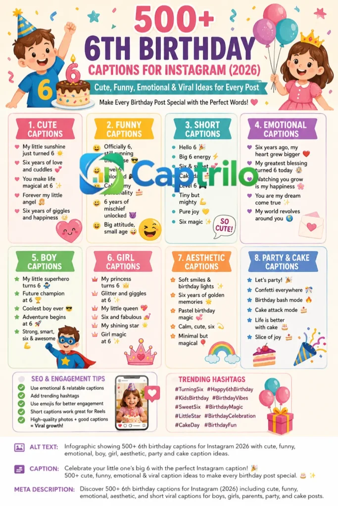 Happy 6th birthday celebration with a cute kid, birthday cake, balloons, and joyful family moments, perfect Instagram post with aesthetic and emotional vibes for 2026 birthday captions.

