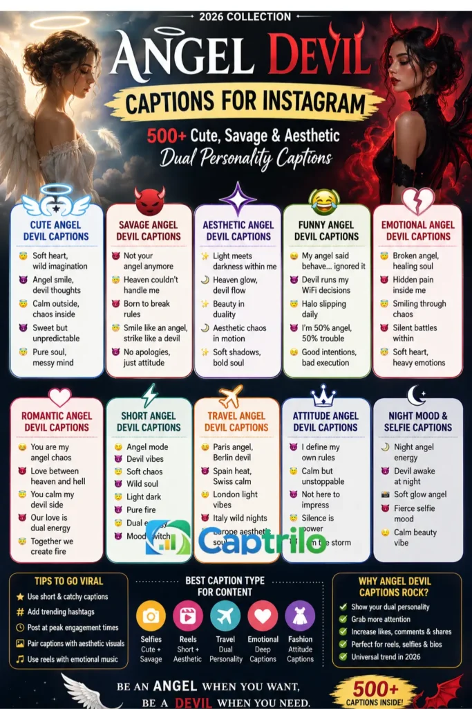 Angel Devil Captions for Instagram (2026) infographic featuring 500+ cute, savage, aesthetic, funny, and emotional dual personality caption ideas for reels, selfies, and viral social media posts.