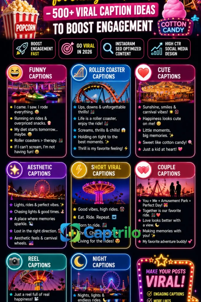 Amusement Park Captions for Instagram 2026 infographic featuring 500+ viral, funny, cute, aesthetic, couple, and roller coaster caption ideas for theme park posts and reels
