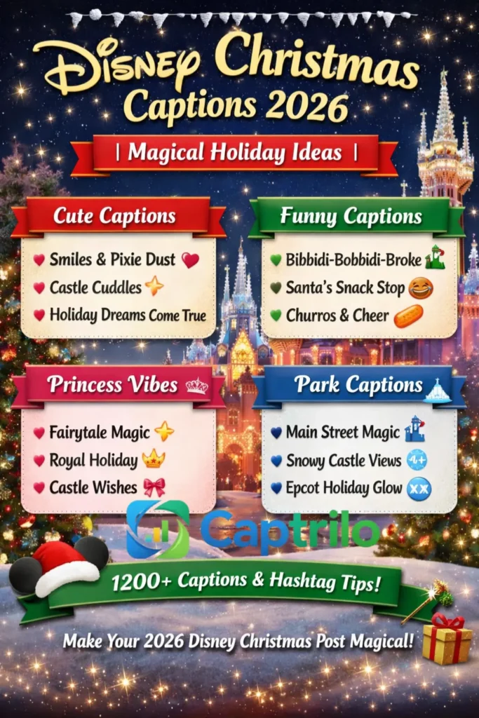 “Infographic of 1200+ Disney Christmas Instagram captions for 2026 — includes funny, cute, aesthetic, princess, family, and Disney World & Disneyland holiday captions for Instagram, Reels, and Stories.”