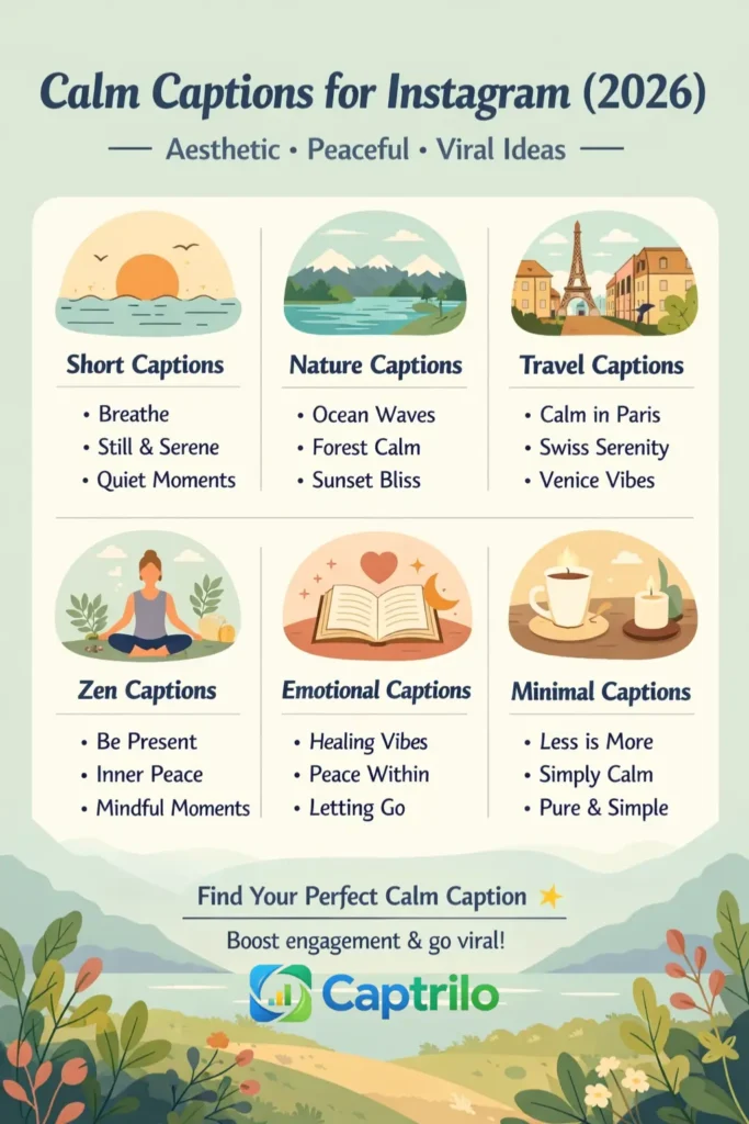 “Aesthetic Instagram calm captions collection featuring peaceful, minimal, nature-inspired, and zen lifestyle text ideas for 2026 social media trends.”