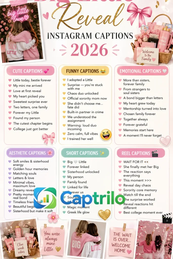 Big Little Reveal sorority sisters are celebrating reveal day with matching outfits, decorated baskets, and emotional hugs during a college sorority reveal event.