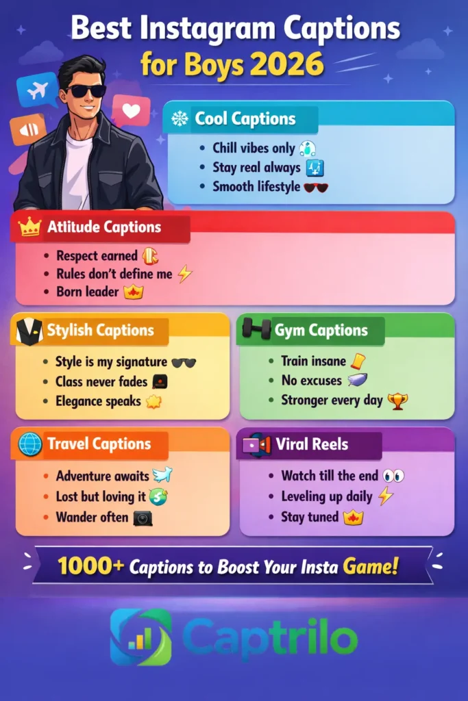 Best Instagram captions for boys 2026 infographic showing cool, attitude, stylish, gym, travel and viral reels caption ideas for modern Instagram posts.