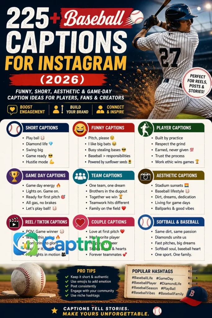 Baseball player preparing to swing during game day with motivational baseball captions for Instagram 2026 guide featuring short, funny, aesthetic, and athlete caption ideas.