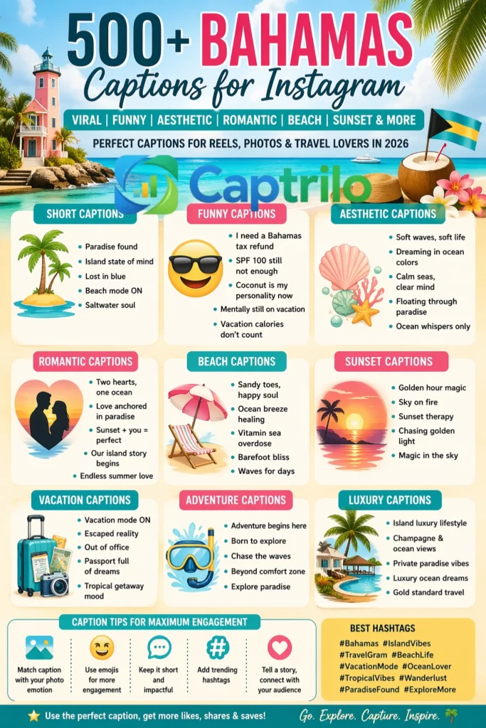 A tropical beach scene in the Bahamas with crystal-clear turquoise water, white sand, and a relaxing island atmosphere, ideal for travel Instagram posts and vacation captions in 2026.