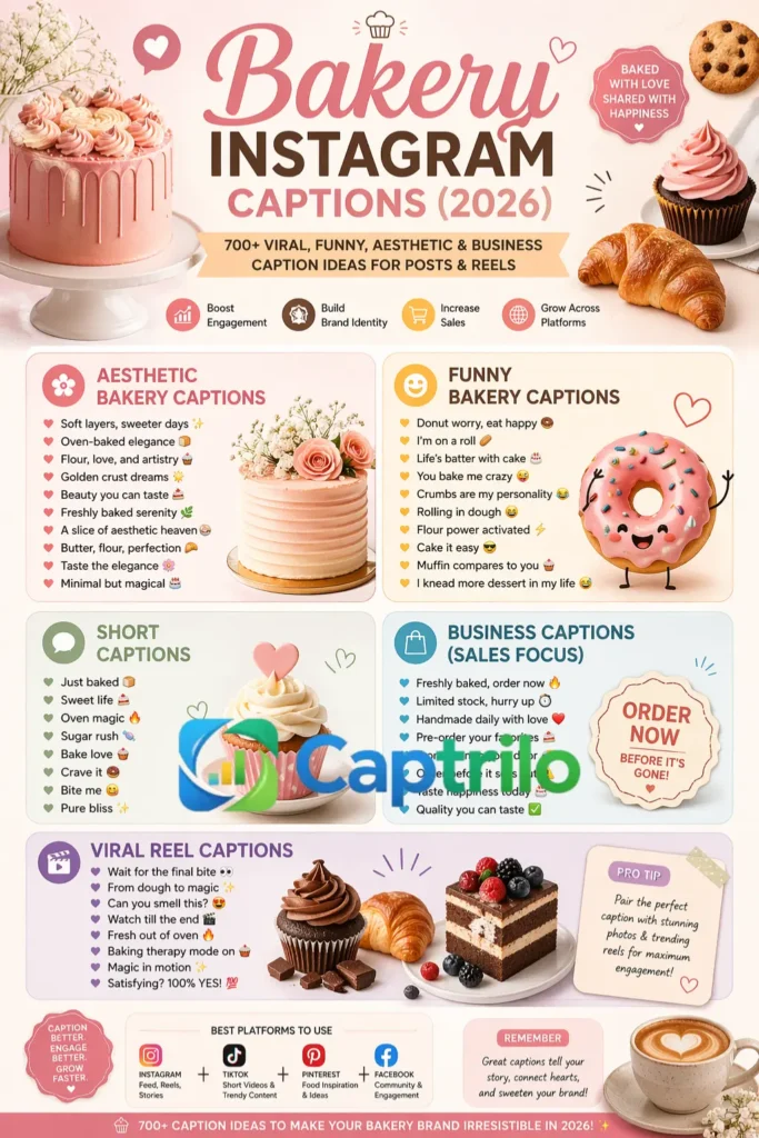 Bakery Instagram captions 2026 guide featuring 700+ viral, funny, aesthetic, and business caption ideas for Instagram, TikTok, and Pinterest growth, displayed with cakes, cupcakes, and bakery desserts.