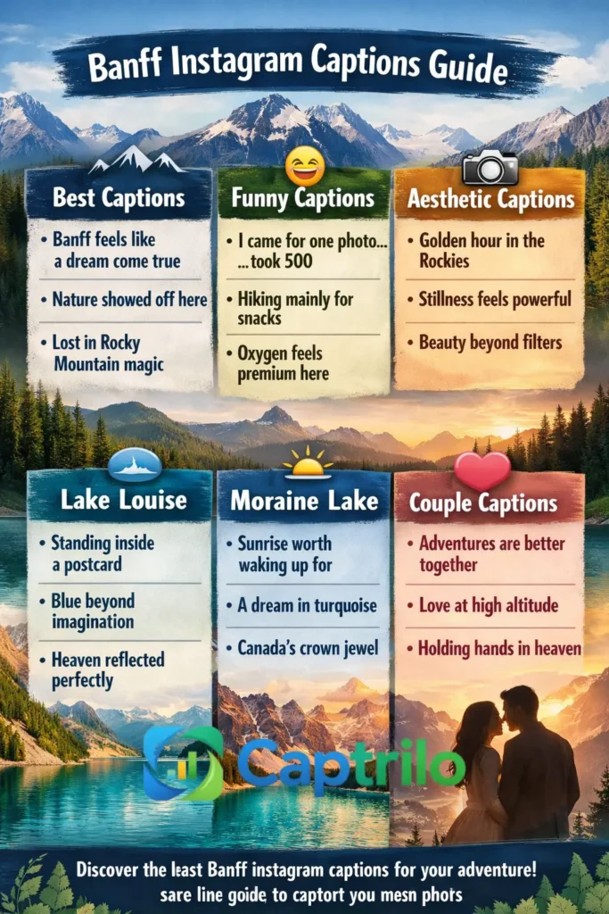 Banff Instagram captions infographic featuring Lake Louise, Moraine Lake, mountain views, travel quotes, aesthetic captions, and best hashtags for Banff photos in 2026.