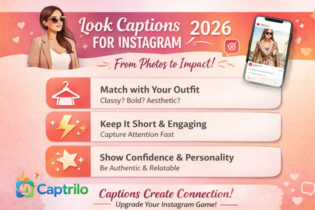  Look at the captions for the Instagram 2026 infographic showing caption strategies, outfit matching tips, engagement techniques, and Instagram growth ideas.