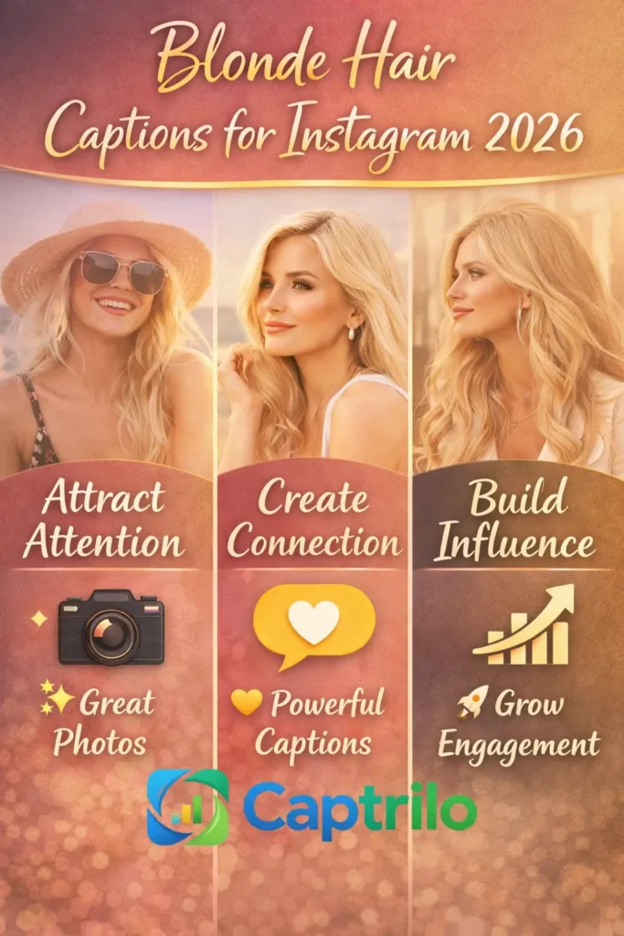 Blonde Hair Captions for Instagram 2026 infographic showing how great photos attract attention, powerful captions create connection, and storytelling builds Instagram engagement and influence.