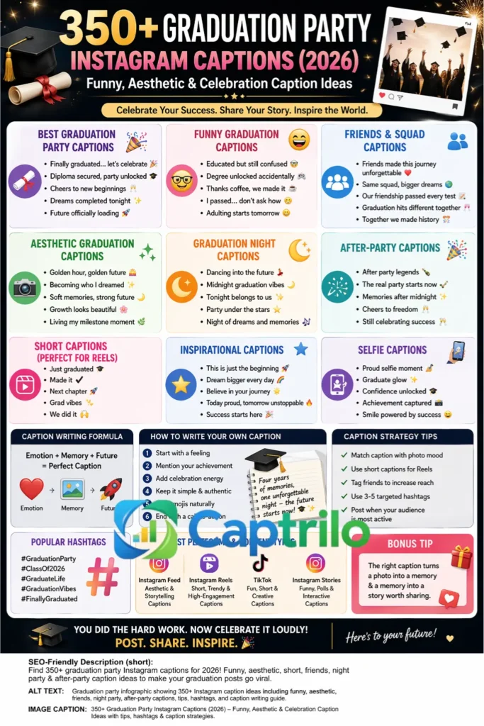 Graduation party celebration with students wearing caps and gowns, cheering, taking selfies, and celebrating success at a festive night event with confetti, lights, and friends capturing Instagram photos.