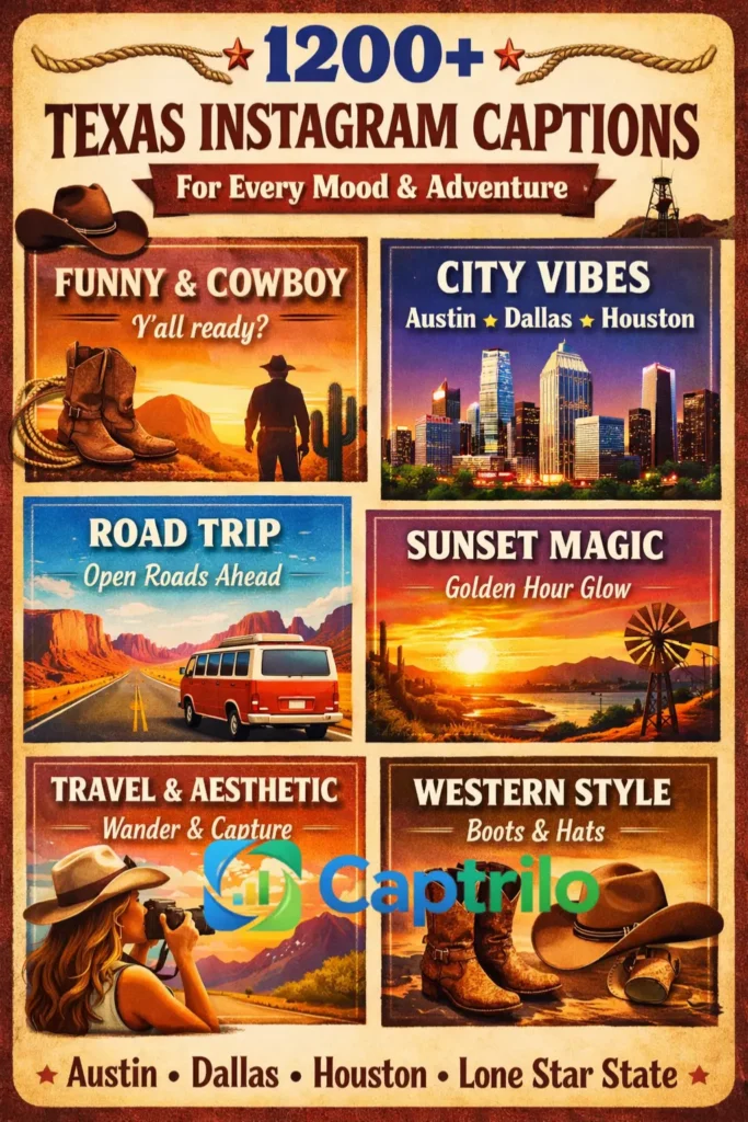 Texas Instagram captions infographic featuring cowboy culture, Texas road trips, Austin nightlife, Dallas skyline, Houston city vibes, western fashion, sunsets, and travel caption ideas for social media creators.
