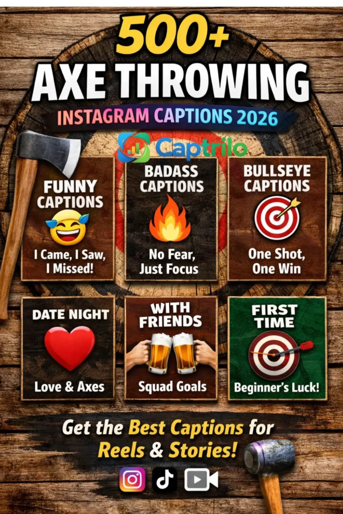 Person throwing an axe at a wooden target in an axe-throwing arena with bullseye markings, representing adventure, fun, and competitive activity, perfect for Instagram captions and social media content in 2026.