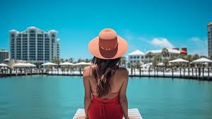 Aesthetic Florida beach scene with palm trees, golden sunset over the ocean, and calm tropical waves, representing travel lifestyle and Instagram captions inspiration.