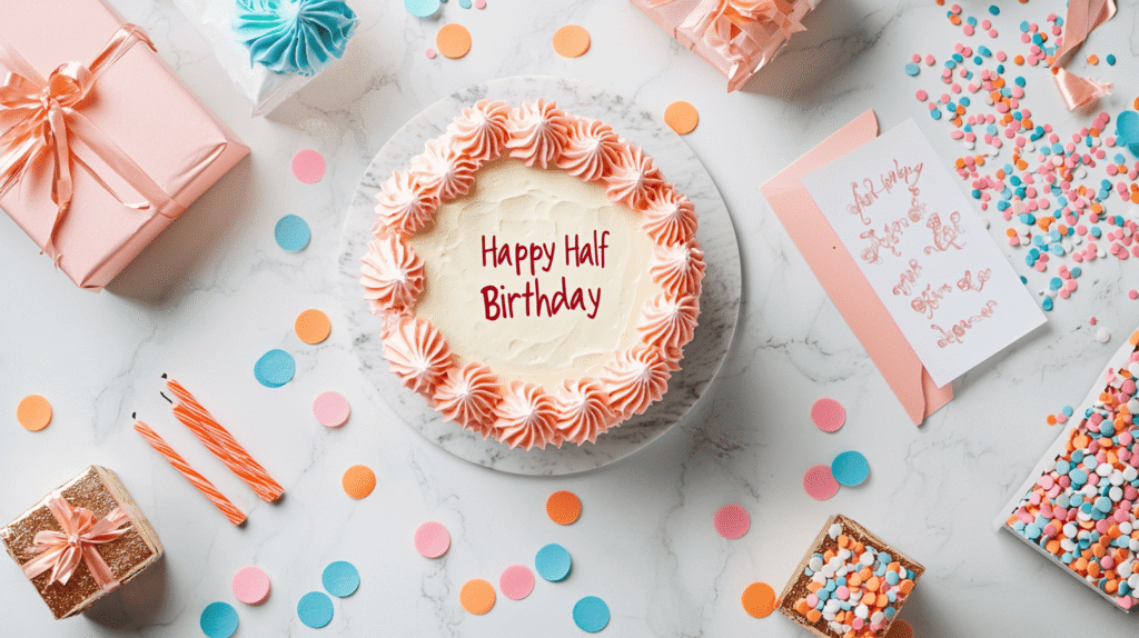 Half birthday celebration cake with candles and decorations representing half birthday captions ideas for Instagram 2026