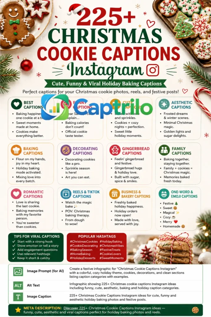 Christmas cookie captions Instagram infographic showing cute, funny, aesthetic and holiday baking caption ideas for festive cookie photos and reels
