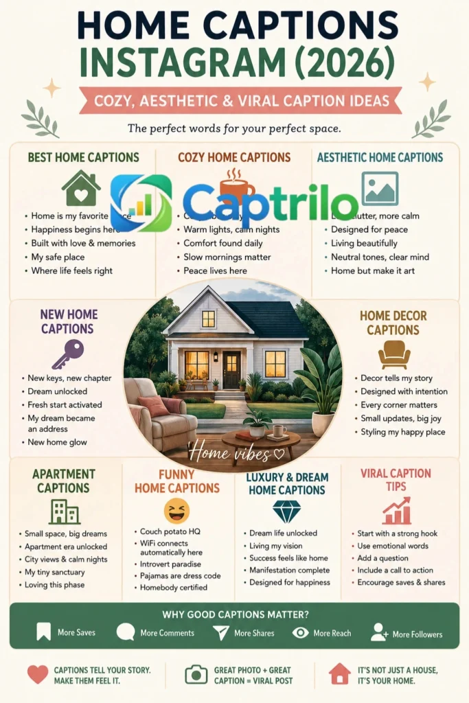 Home Captions Instagram 2026 infographic showing cozy, aesthetic, new home, apartment, and home decor caption ideas for social media posts.
