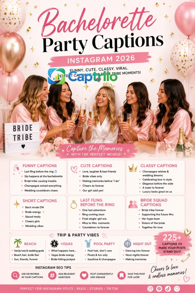 Bachelorette party bride tribe celebrating together with champagne, balloons, and matching outfits, perfect for Instagram captions and reels inspiration