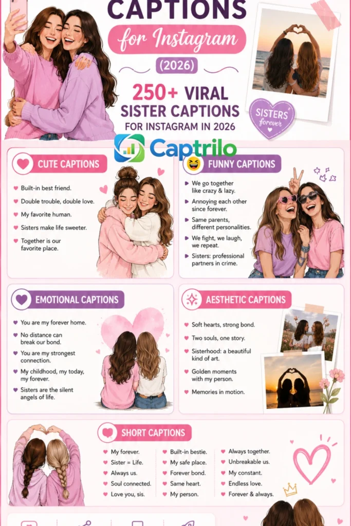 Sister love captions Instagram collection featuring cute, funny, emotional, aesthe,tic and viral Instagram caption ideas for sisters 2026