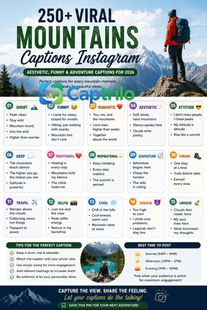 Mountains Captions Instagram infographic featuring 250+ aesthetic, funny, travel and adventure captions with mountain background design.