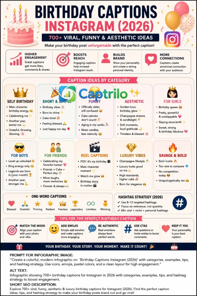 Birthday Captions Instagram 2026 guide featuring 700+ viral, funny, aesthetic, luxury, and self-birthday caption ideas for Instagram posts, reels, and social media engagement growth.
