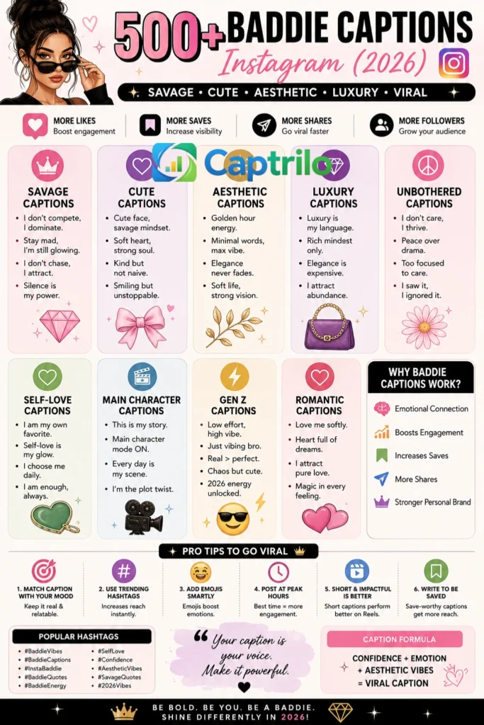 Vibrant infographic showing 500+ baddie captions for Instagram 2026, categorized into savage, cute, aesthetic, luxury, self-love, and Gen Z styles with tips to boost likes, saves, shares, and viral engagement.