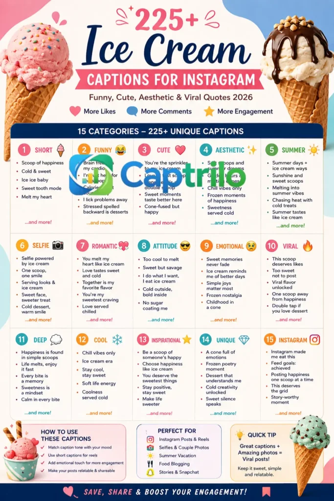 Aesthetic Instagram post showing a scoop of ice cream in a cone with colorful summer vibes, representing viral ice cream captions for Instagram, funny, cute, and aesthetic social media content ideas.