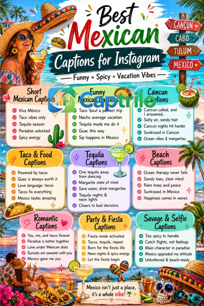Colorful Mexico vacation scene with tacos, margaritas, Cancun beaches, palm trees, tropical sunsets, and vibrant fiesta vibes for Instagram captions.