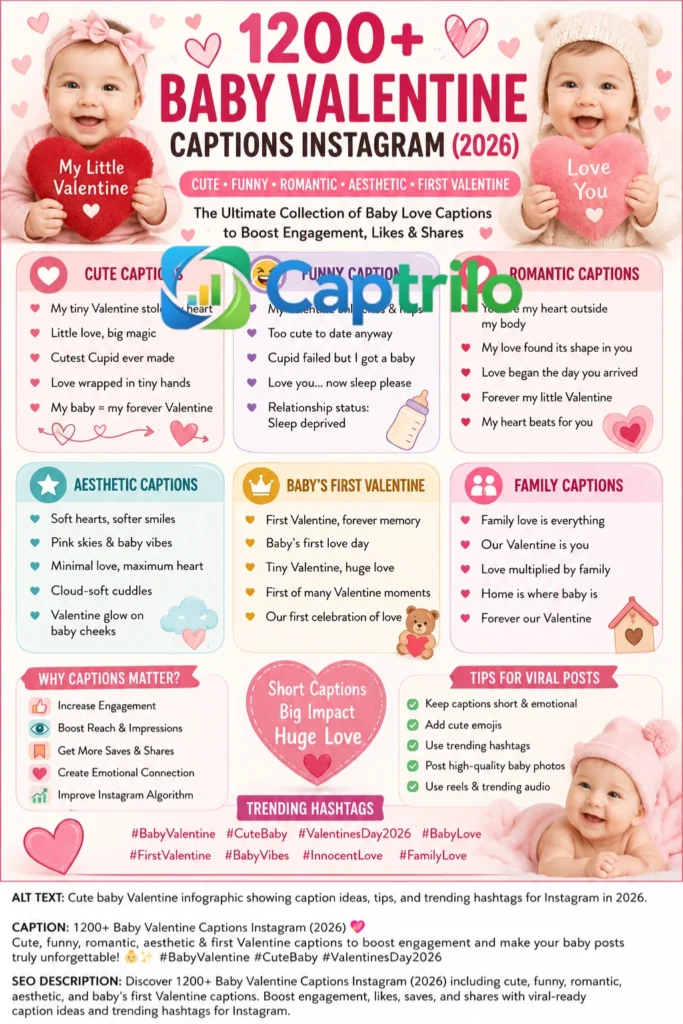 Discover 1200+ Baby Valentine Captions Instagram (2026), including cute, funny, romantic, aesthetic, and baby’s first Valentine captions. Boost Instagram engagement, likes, saves, and shares with viral-ready caption ideas designed for SEO growth and emotional storytelling.