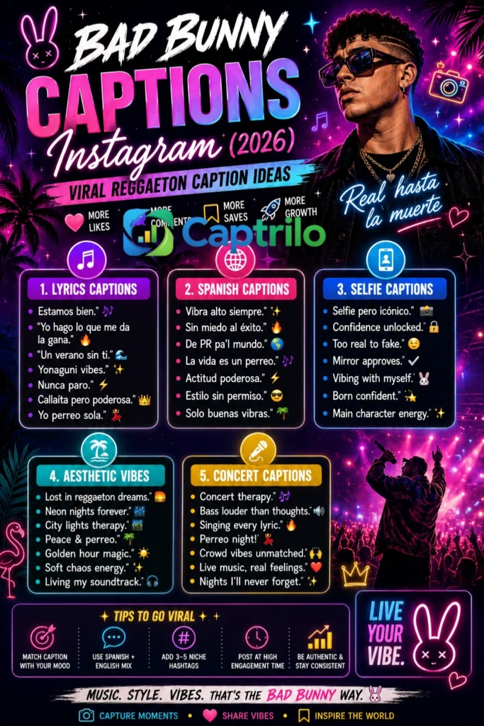 Bad Bunny captions Instagram 2026 infographic featuring viral reggaeton caption ideas, Spanish lyrics, aesthetic selfie captions, concert vibes, and neon-style Pinterest design for social media growth.