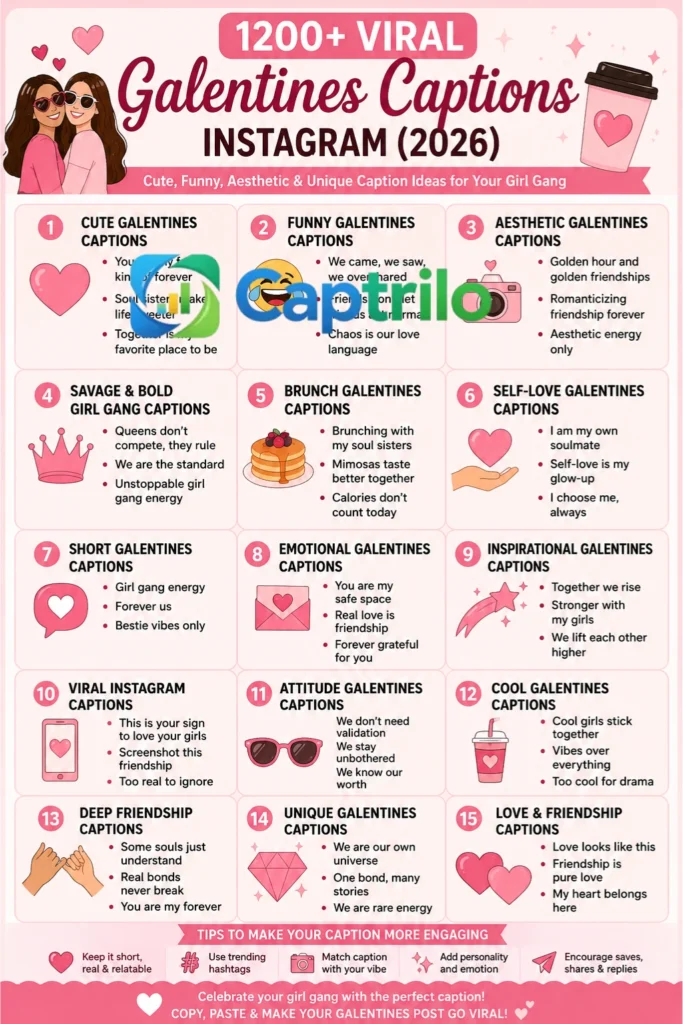Galentines Captions Instagram 2026 infographic featuring cute, funny, aesthetic and viral caption ideas for girl gang, best friends and brunch posts.