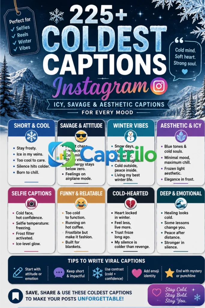  Coldest Captions Instagram infographic featuring icy aesthetic, savage attitude quotes, winter vibes captions, and cool Instagram caption ideas