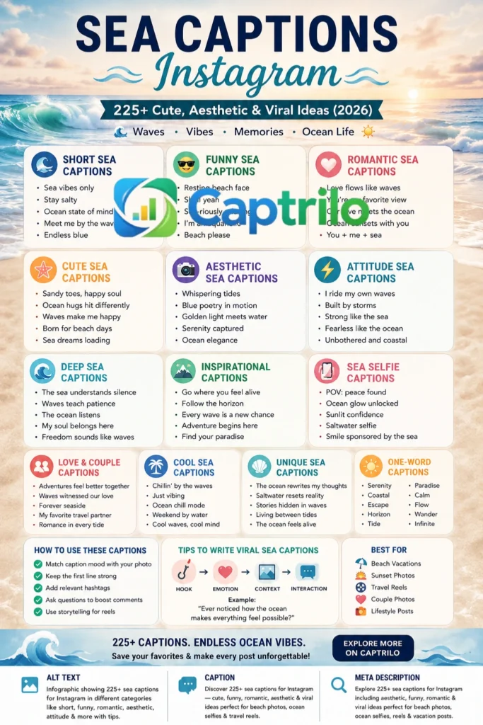Sea captions Instagram ideas displayed with aesthetic ocean background featuring beach waves, sunset horizon, and viral caption examples for social media posts.