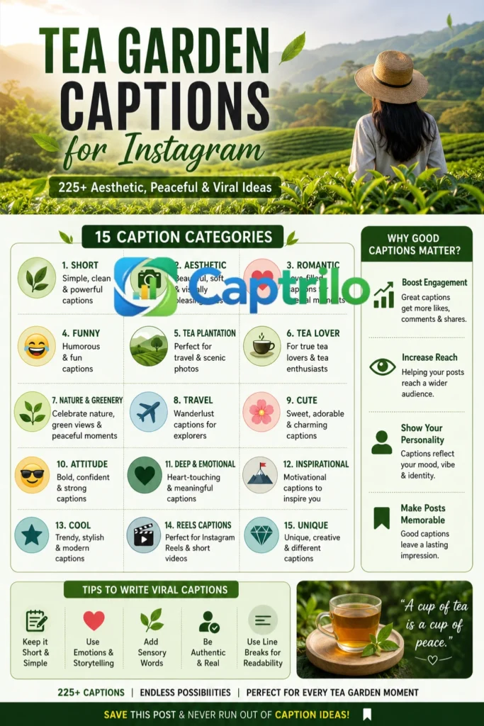 Tea garden captions for Instagram infographic showing aesthetic caption categories, nature tea plantation scenery, and social media caption ideas.
