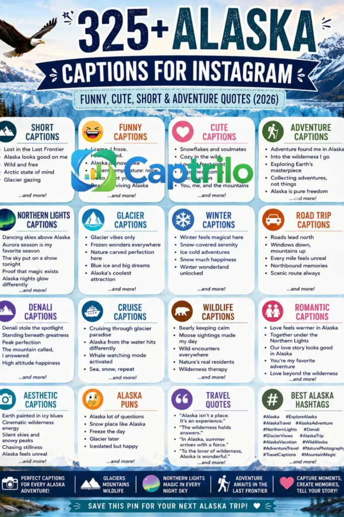  Pinterest-style infographic featuring 325+ Alaska captions for Instagram with glacier backgrounds, snowy mountains, Northern Lights themes, and categories like funny, cute, adventure, winter, and travel quotes