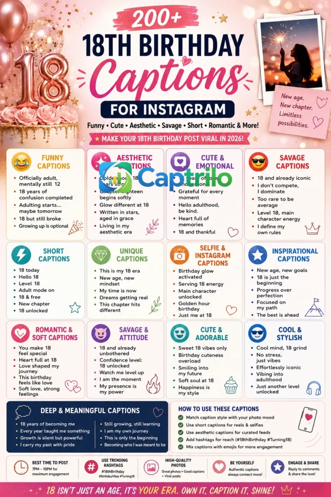 18th birthday Instagram captions collection featuring funny, aesthetic, cute, savage, romantic, and short captions for social media posts and reels.
