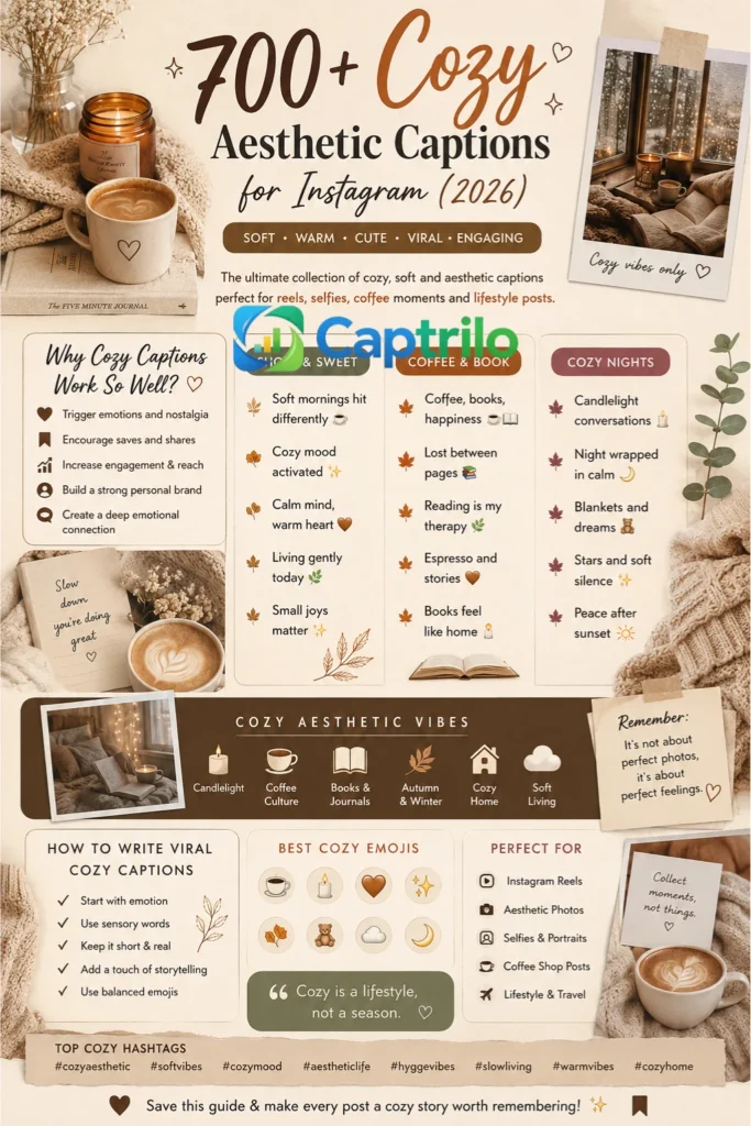 Cozy aesthetic captions Instagram guide showing warm lifestyle quotes, soft cozy captions, coffee captions, hygge vibes, and aesthetic Instagram caption ideas.