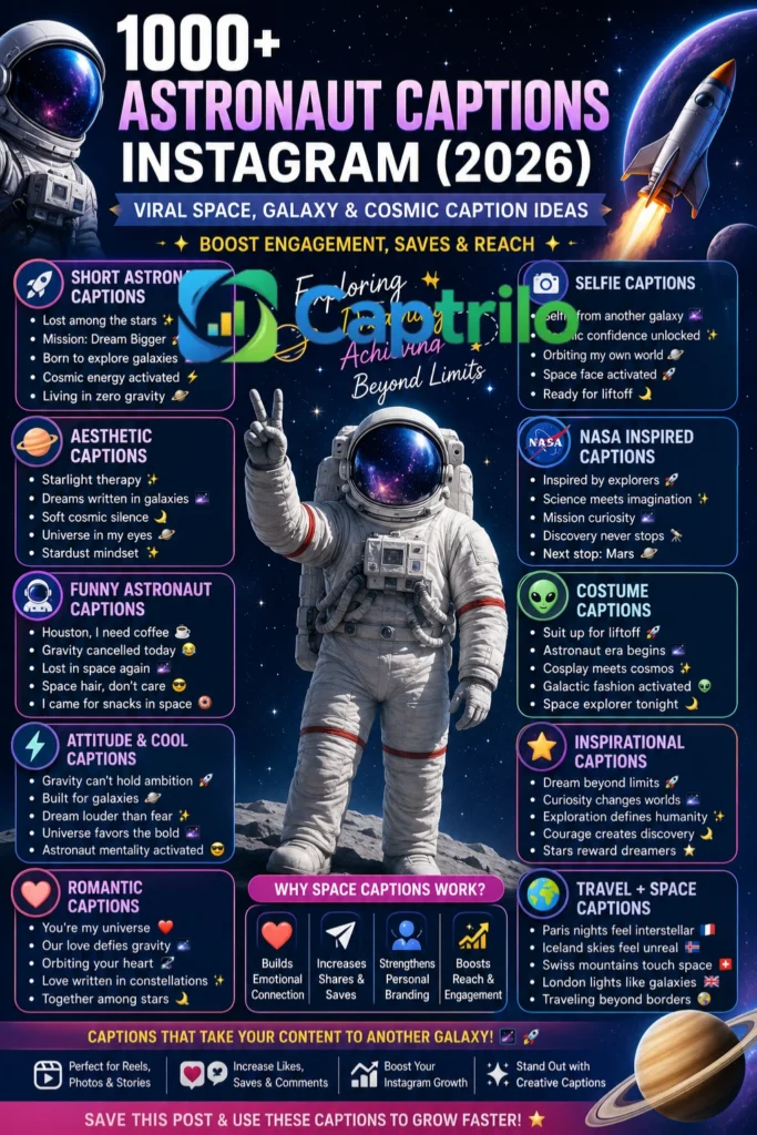 Astronaut captions Instagram 2026 infographic showing viral space, galaxy, cosmic, aesthetic, funny, and inspirational caption ideas for Instagram engagement growth.