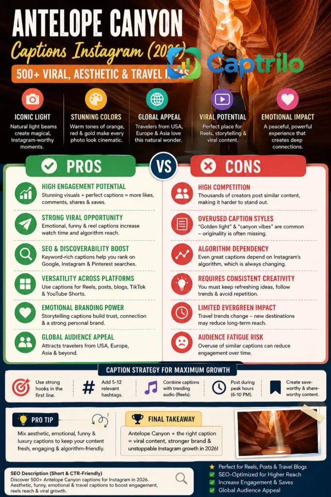  Antelope Canyon captions Instagram 2026 infographic showing pros and cons, viral caption strategies, aesthetic travel content tips, and Instagram growth insights for travel influencers.