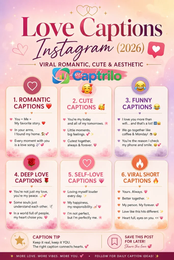 Romantic Instagram Love Captions 2026 collection featuring cute, aesthetic, funny, deep, and self-love caption ideas designed to boost engagement, likes, and shares on social media posts.