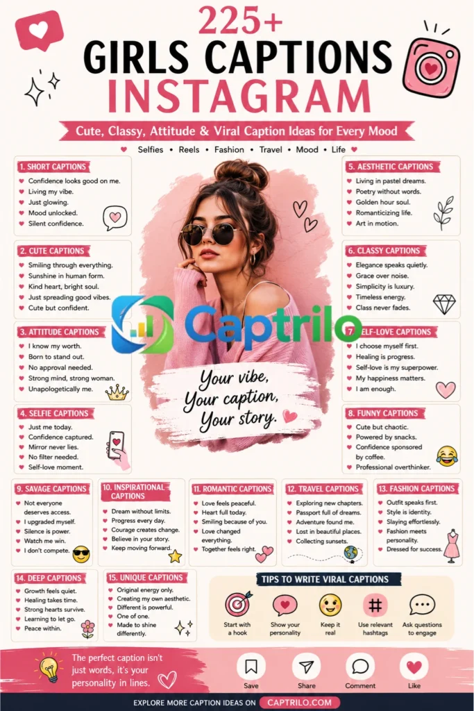 Stylish modern girl posing for Instagram with aesthetic and attitude caption ideas for selfies, reels, and social media posts.